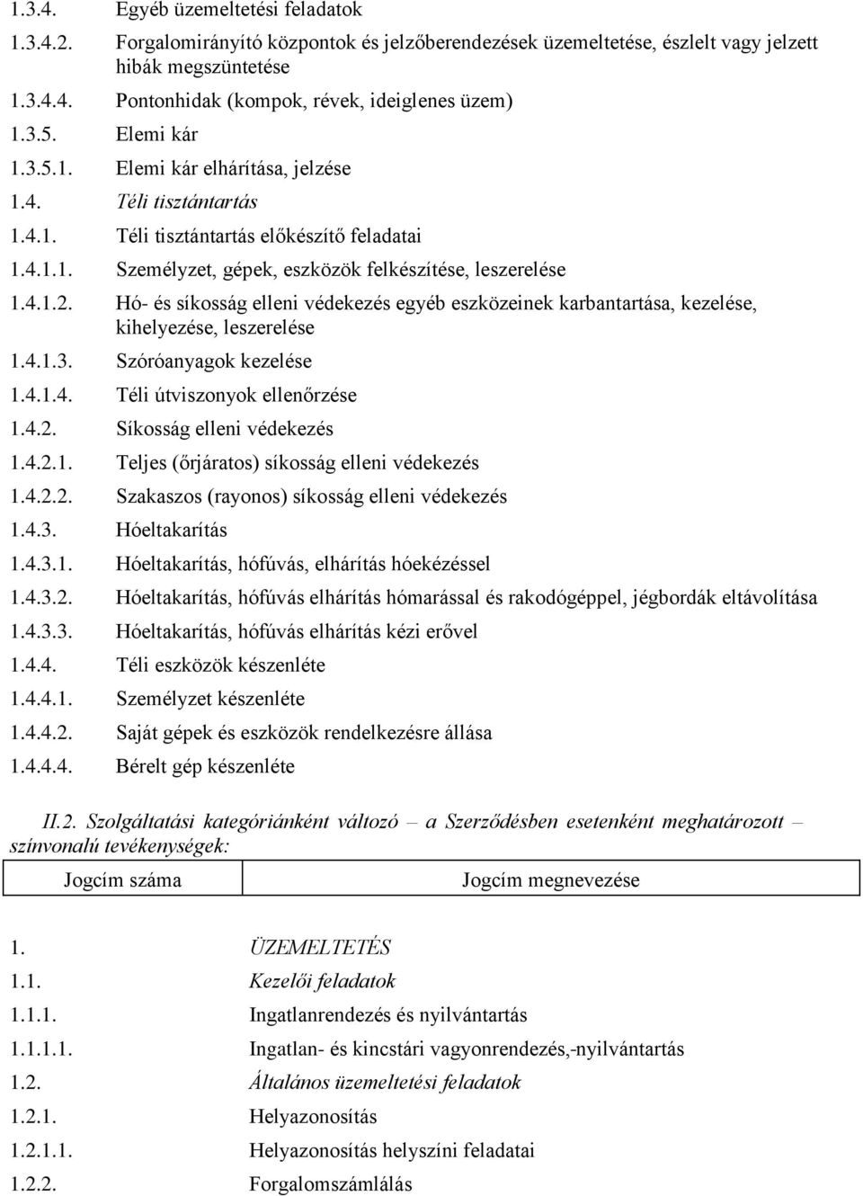 Hó- és síkosság elleni védekezés egyéb eszközeinek karbantartása, kezelése, kihelyezése, leszerelése 1.4.1.3. Szóróanyagok kezelése 1.4.1.4. Téli útviszonyok ellenőrzése 1.4.2.
