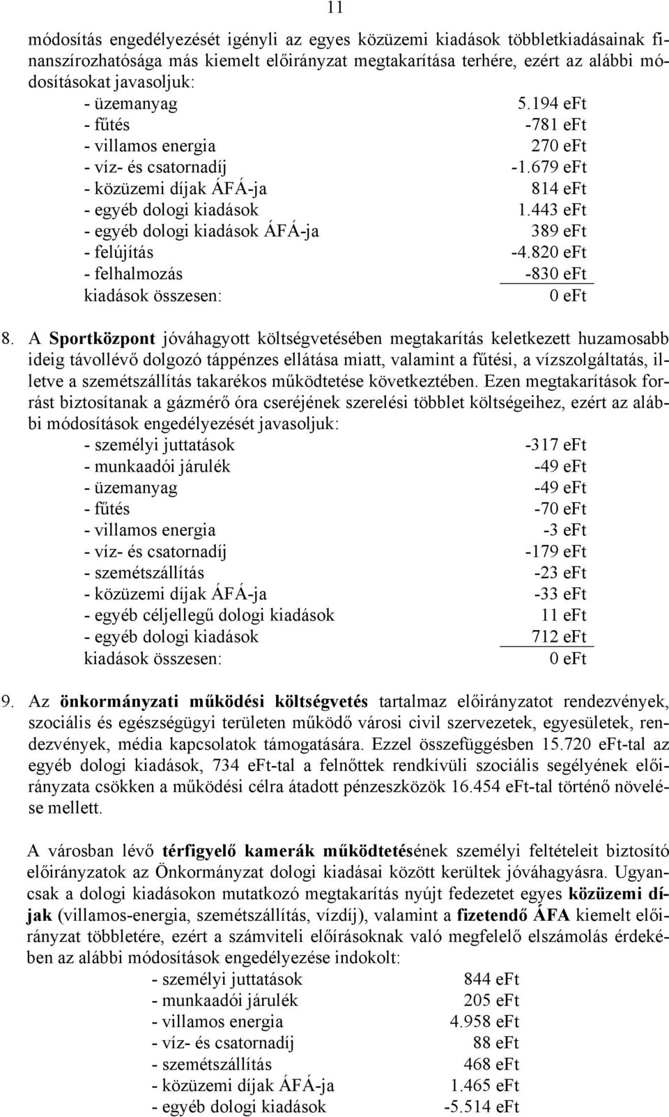 443 eft - egyéb dologi kiadások ÁFÁ-ja 389 eft - felújítás -4.820 eft - felhalmozás -830 eft kiadások összesen: 0 eft 8.