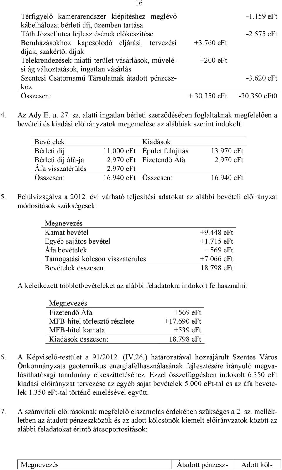 760 eft díjak, szakértői díjak Telekrendezések miatti terület vásárlások, művelési +200 eft ág változtatások, ingatlan vásárlás Szentesi Csatornamű Társulatnak átadott pénzeszköz -3.