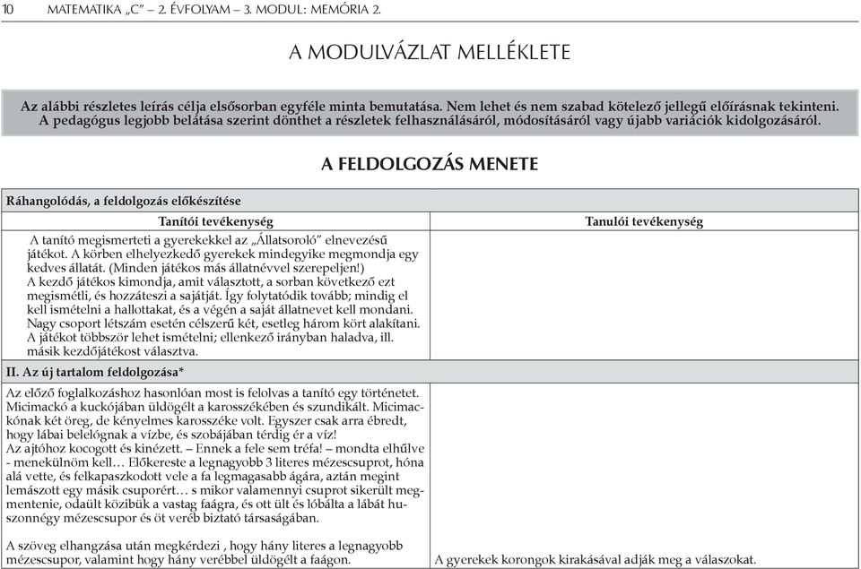 A feldolgozás menete Ráhangolódás, a feldolgozás előkészítése Tanítói tevékenység A tanító megismerteti a gyerekekkel az Állatsoroló elnevezésű játékot.