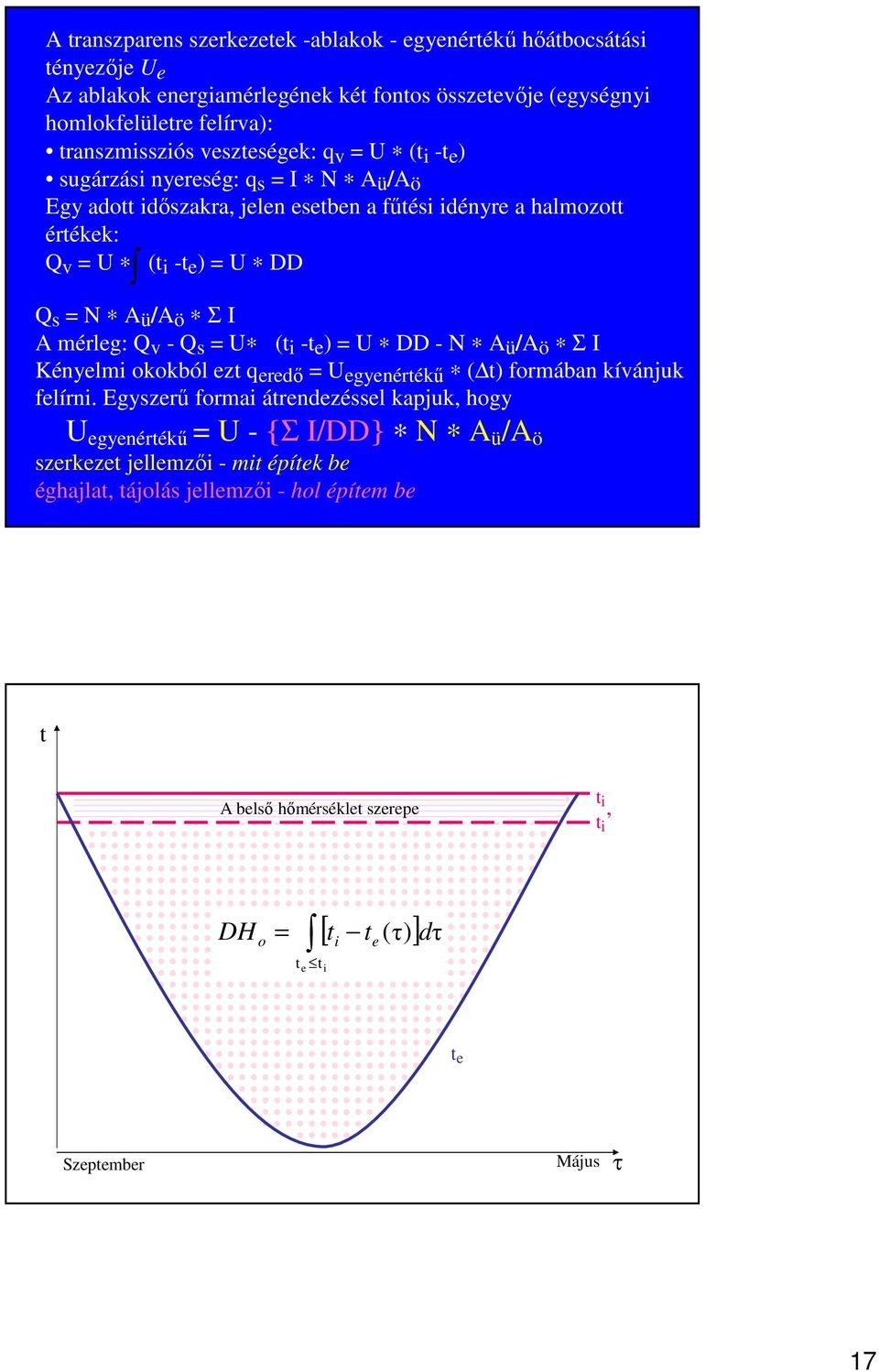 A mérleg: Q v - Q s = U (t i -t e ) = U DD - N A ü /A ö Σ I Kényelmi okokból ezt q eredı = U egyenértékő ( t) formában kívánjuk felírni.