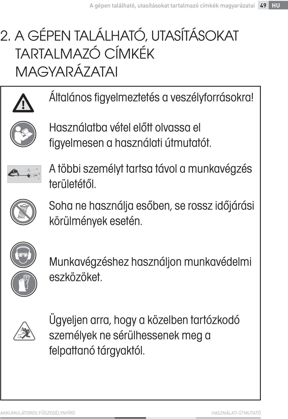 Használatba vétel előtt olvassa el figyelmesen a használati útmutatót. A többi személyt tartsa távol a munkavégzés területétől.