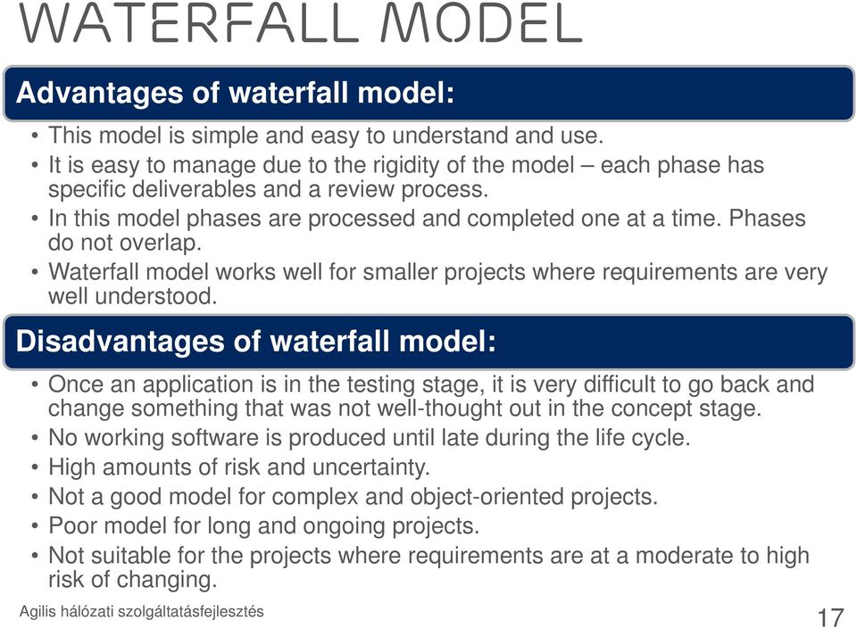 Waterfall model works well for smaller projects where requirements are very well understood.