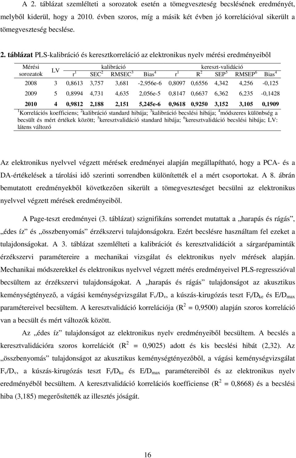táblázat PLS-kalibráció és keresztkorreláció az elektronikus nyelv mérési eredményeiből Mérési sorozatok LV kalibráció kereszt-validáció r 1 SEC 2 RMSEC 3 Bias 4 r 1 R 2 SEP 5 RMSEP 6 Bias 4 2008 3