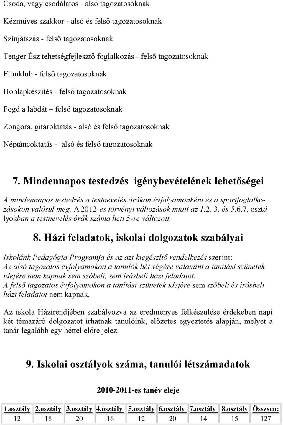 tagozatosoknak 7. Mindennapos testedzés igénybevételének lehetőségei A mindennapos testedzés a testnevelés órákon évfolyamonként és a sportfoglalkozásokon valósul meg.