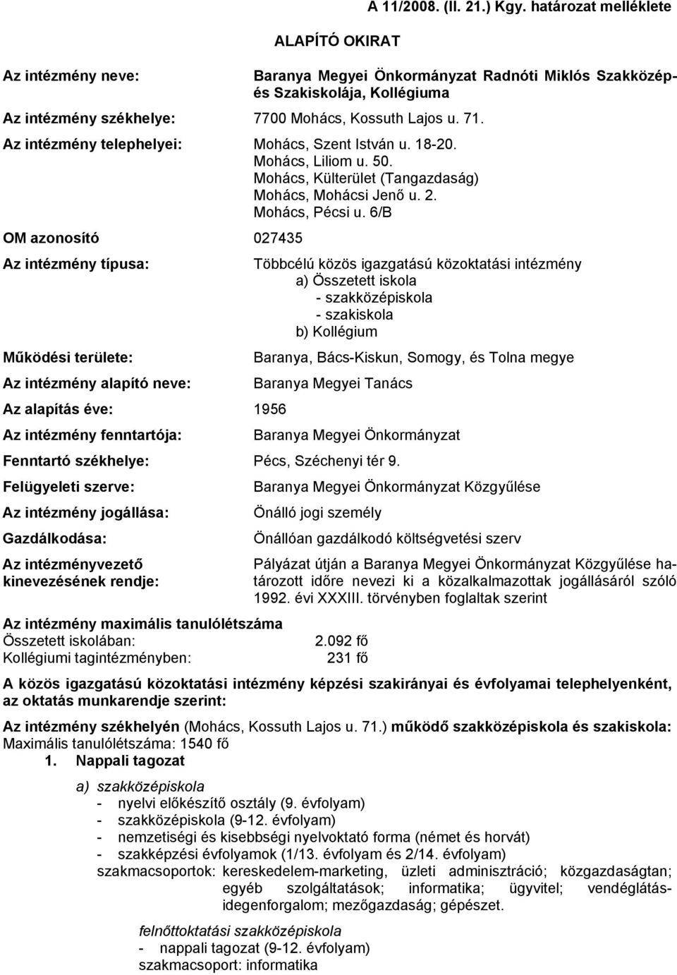 Az intézmény telephelyei: Mohács, Szent István u. 18-20. Mohács, Liliom u. 50. Mohács, Külterület (Tangazdaság) Mohács, Mohácsi Jenő u. 2. Mohács, Pécsi u.