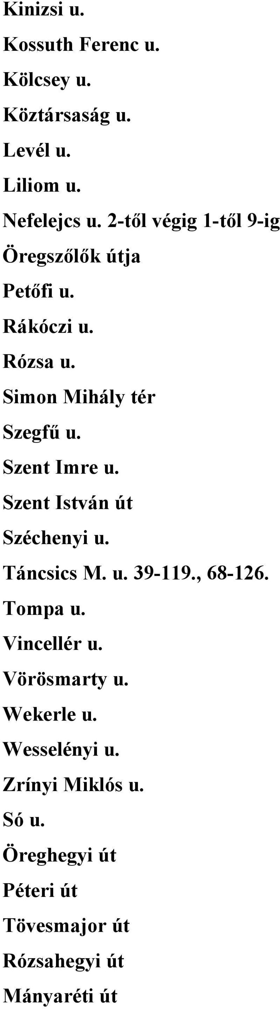 Szent Imre u. Szent István út Széchenyi u. Táncsics M. u. 39-119., 68-126. Tompa u. Vincellér u.