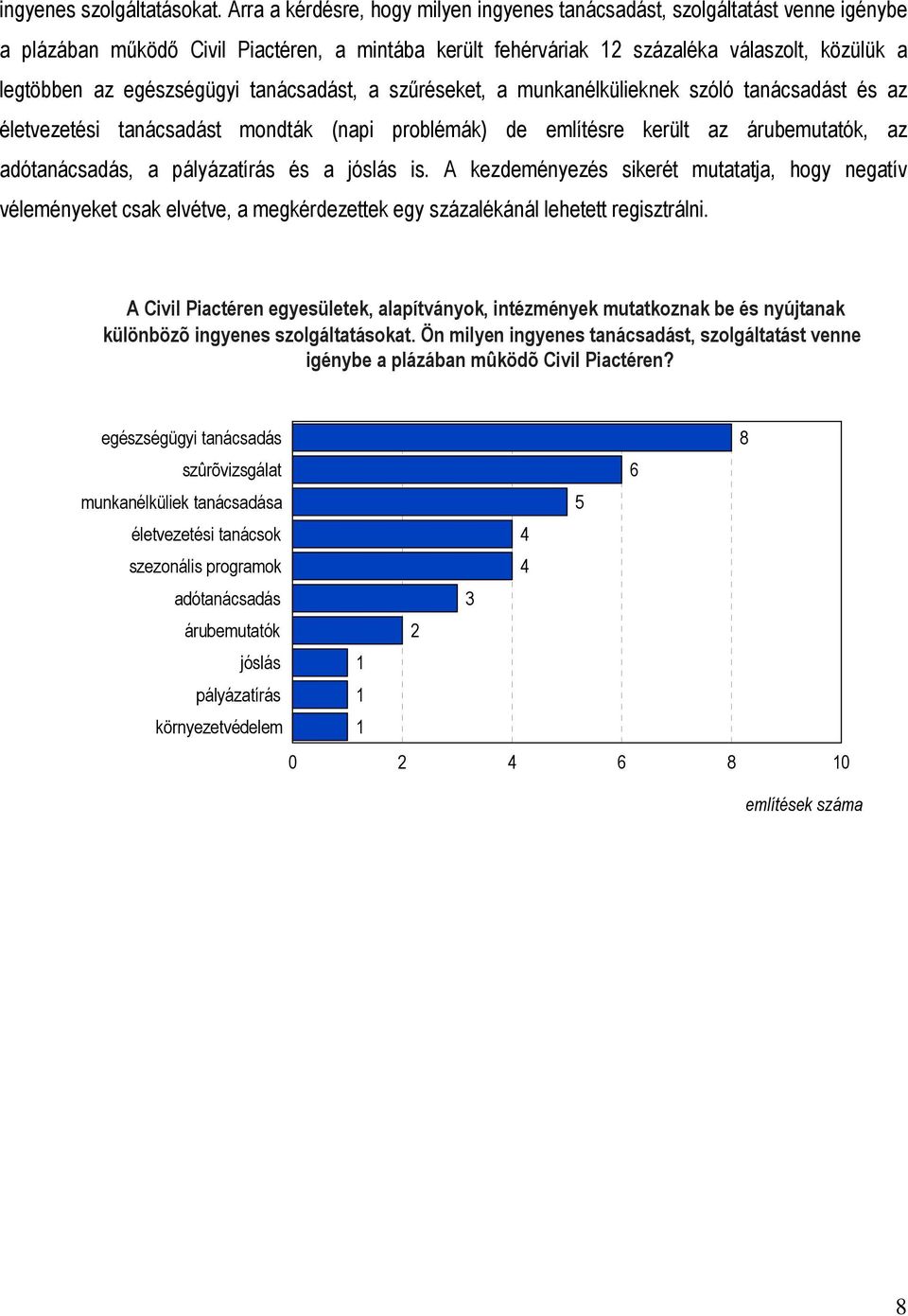 egészségügyi tanácsadást, a szűréseket, a munkanélkülieknek szóló tanácsadást és az életvezetési tanácsadást mondták (napi problémák) de említésre került az árubemutatók, az adótanácsadás, a