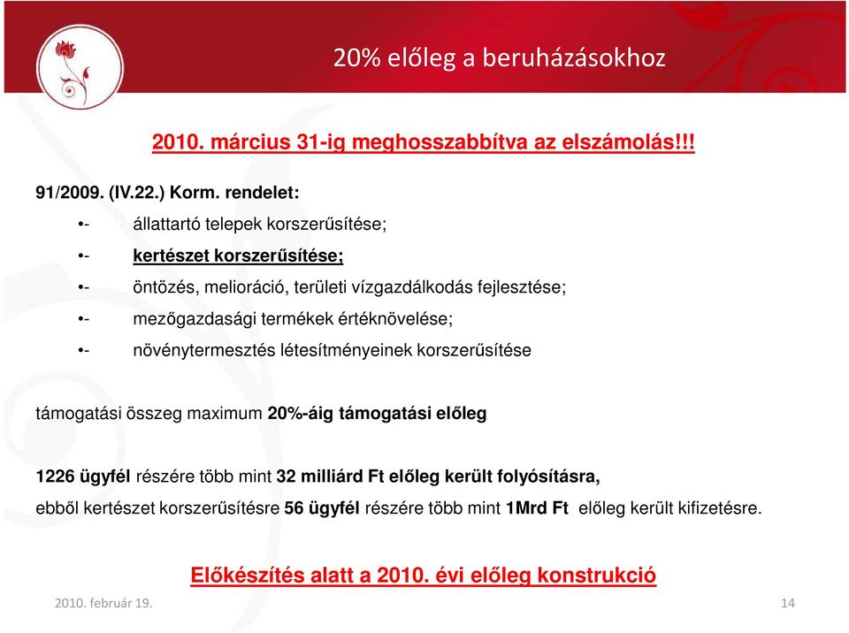 termékek értéknövelése; - növénytermesztés létesítményeinek korszerősítése támogatási összeg maximum 20%-áig támogatási elıleg 1226 ügyfél részére több