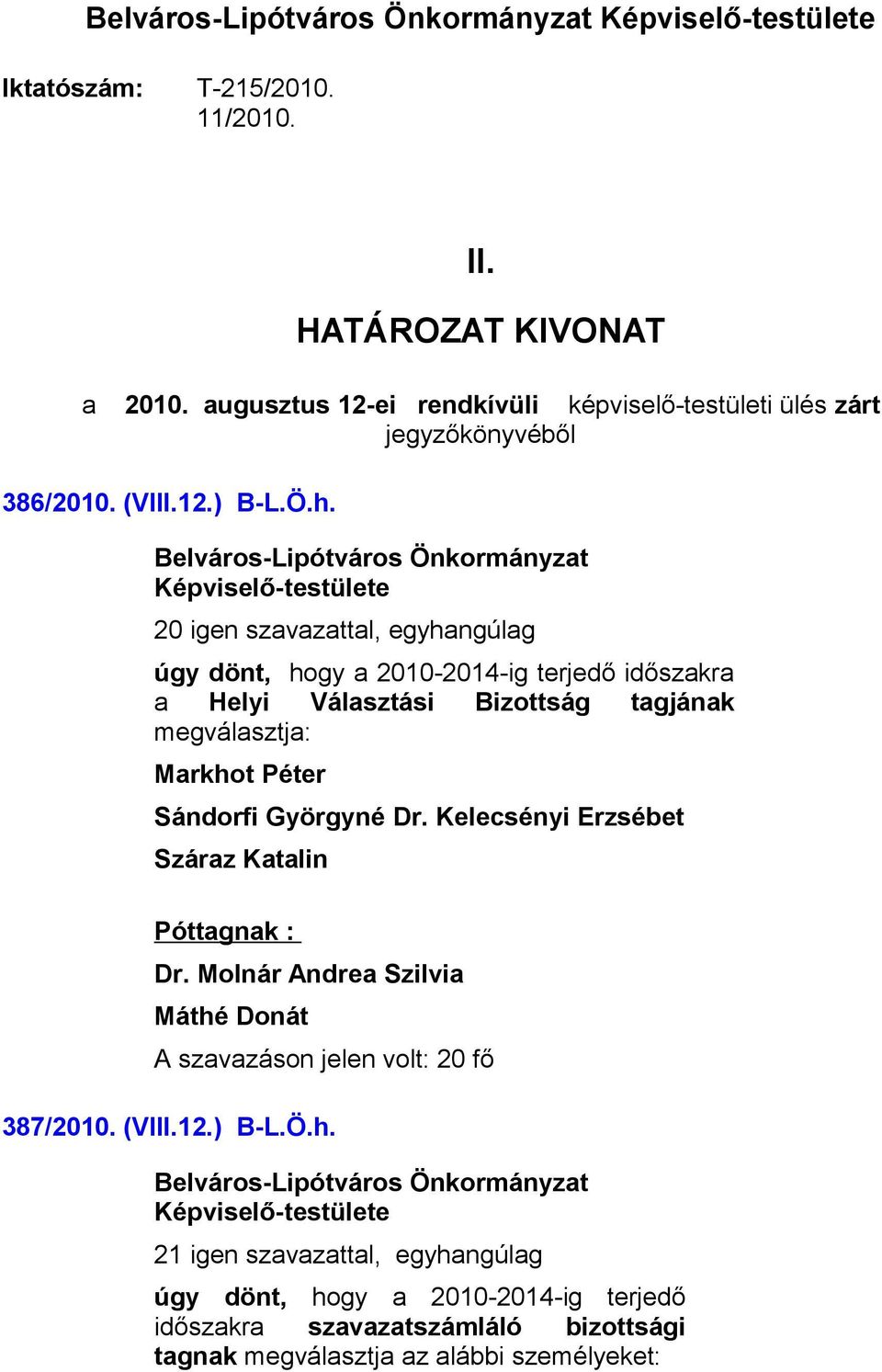 20 igen szavazattal, egyhangúlag úgy dönt, hogy a 2010-2014-ig terjedő időszakra a Helyi Választási Bizottság tagjának megválasztja: Markhot Péter