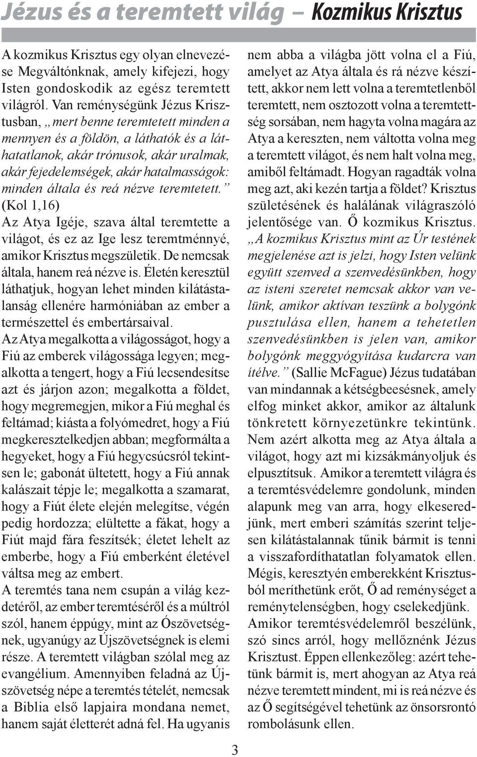 általa és reá nézve teremtetett. (Kol 1,16) Az Atya Igéje, szava által teremtette a világot, és ez az Ige lesz teremtménnyé, amikor Krisztus megszületik. De nemcsak általa, hanem reá nézve is.