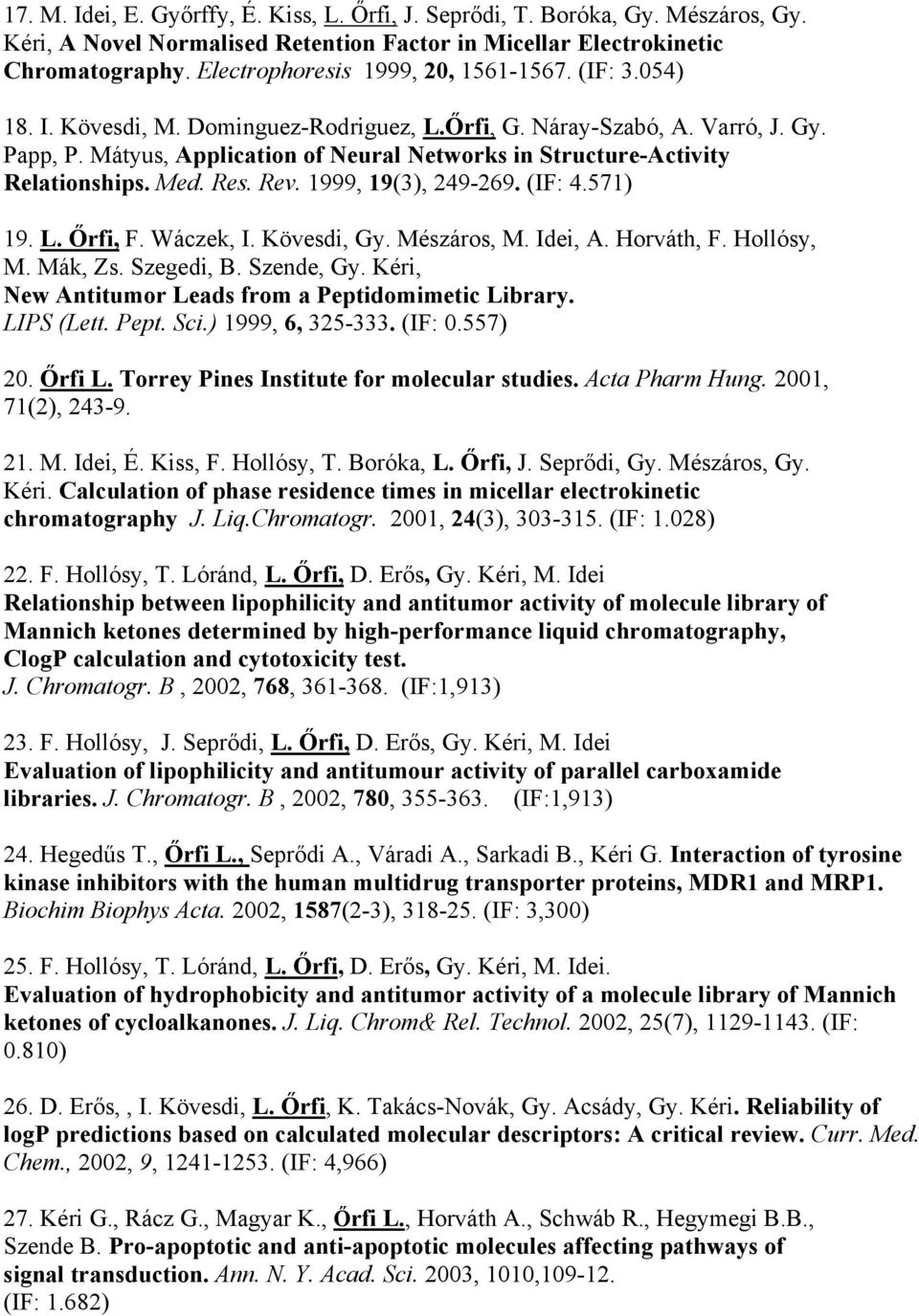 Mátyus, Application of Neural Networks in Structure-Activity Relationships. Med. Res. Rev. 1999, 19(3), 249-269. (IF: 4.571) 19. L. Őrfi, F. Wáczek, I. Kövesdi, Gy. Mészáros, M. Idei, A. Horváth, F.