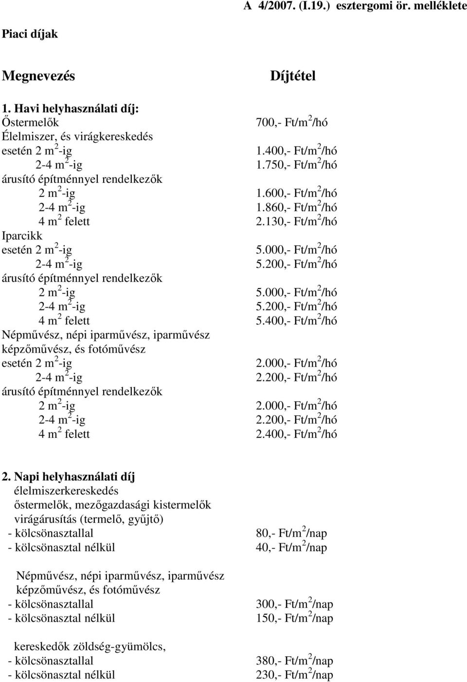 000,- Ft/m 2 /hó 2-4 m 2 -ig 5.200,- Ft/m 2 /hó árusító építménnyel rendelkezık 2 m 2 -ig 5.000,- Ft/m 2 /hó 2-4 m 2 -ig 5.200,- Ft/m 2 /hó 4 m 2 felett 5.