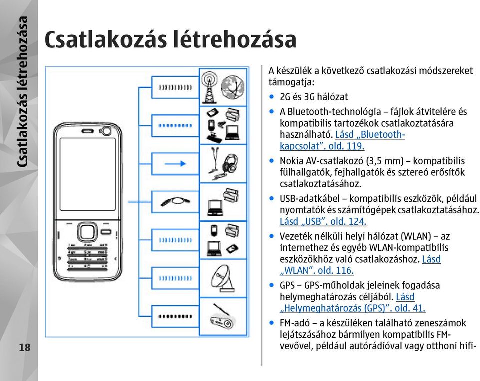 USB-adatkábel kompatibilis eszközök, például nyomtatók és számítógépek csatlakoztatásához. Lásd USB. old. 124.