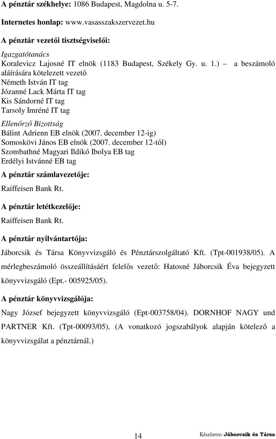 ) a beszámoló aláírására kötelezett vezetı Németh István IT tag Józanné Lack Márta IT tag Kis Sándorné IT tag Tarsoly Imréné IT tag Ellenırzı Bizottság Bálint Adrienn EB elnök (2007.