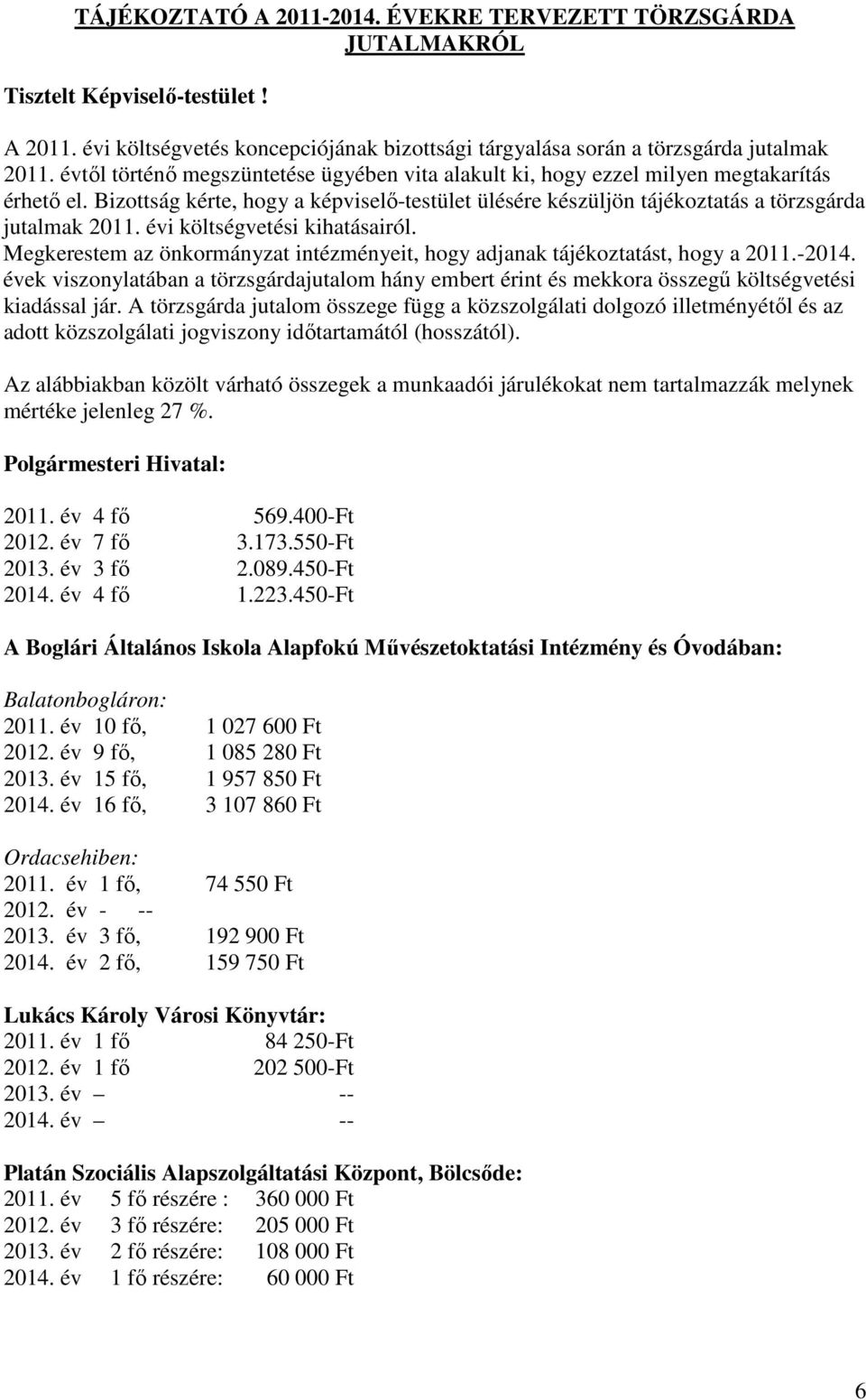 évi költségvetési kihatásairól. Megkerestem az önkormányzat intézményeit, hogy adjanak tájékoztatást, hogy a 2011.-2014.