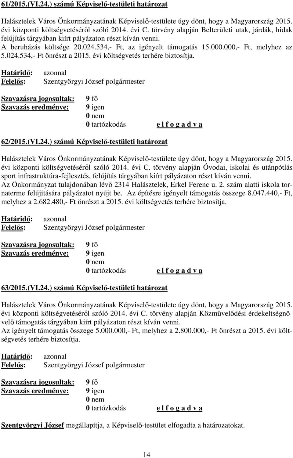 évi költségvetés terhére biztosítja. 62/2015.(VI.24.) számú Képviselő-testületi határozat Halásztelek Város Önkormányzatának Képviselő-testülete úgy dönt, hogy a Magyarország 2015.