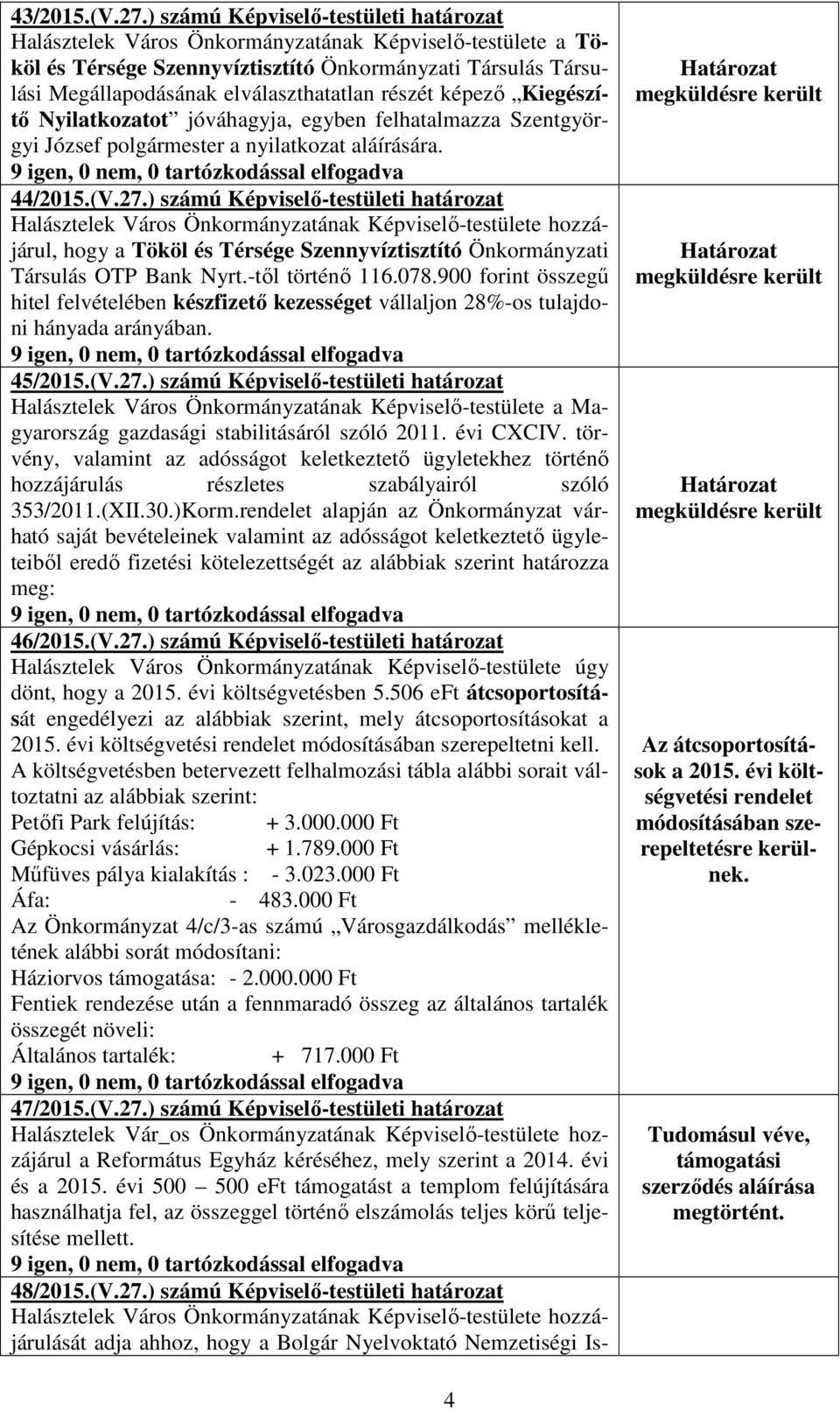 részét képező Kiegészítő Nyilatkozatot jóváhagyja, egyben felhatalmazza Szentgyörgyi József polgármester a nyilatkozat aláírására. 44/2015.(V.27.