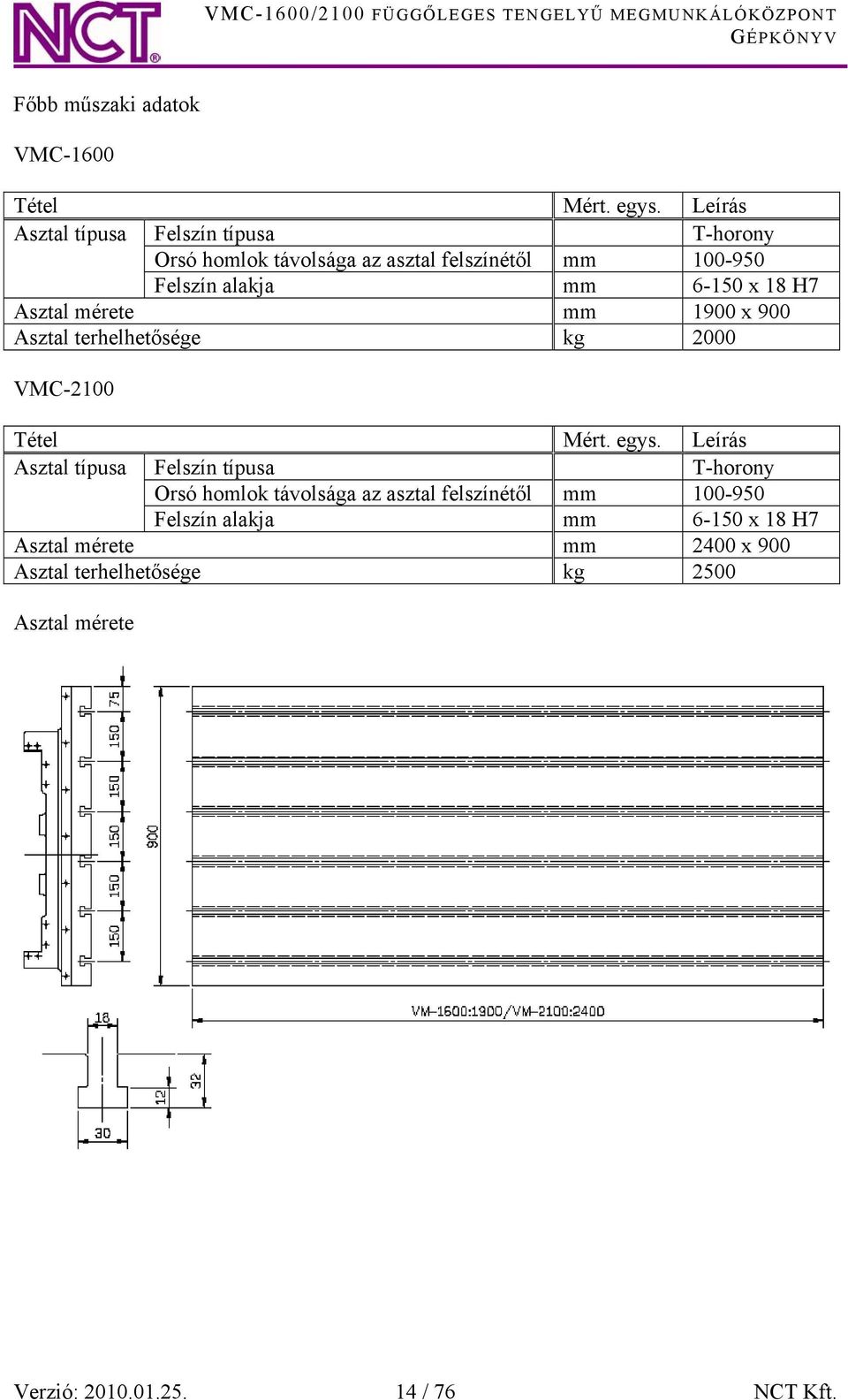 18 H7 Asztal mérete mm 1900 x 900 Asztal terhelhetősége kg 2000 VMC-2100 Tétel Mért. egys.