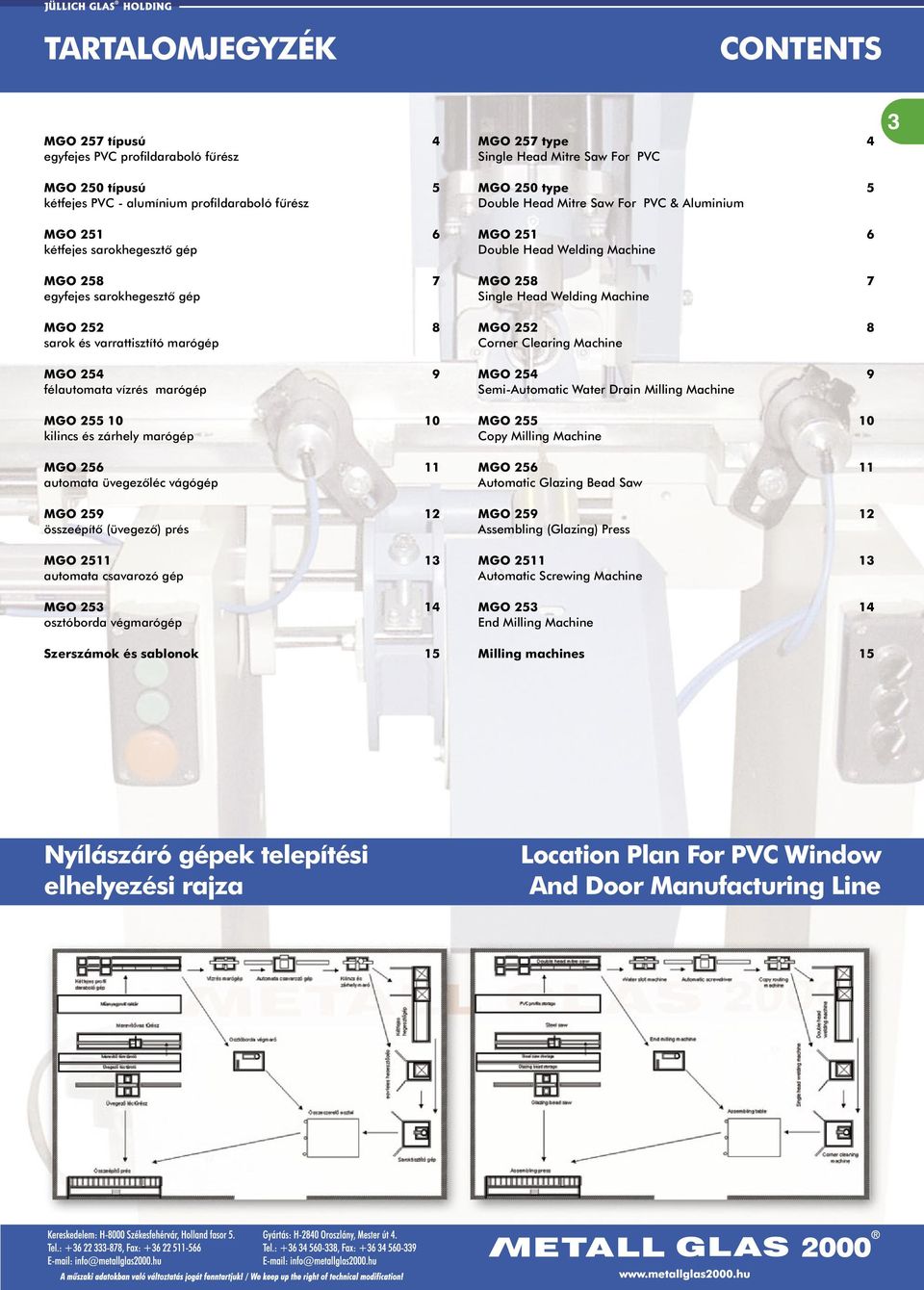 (üvegezõ) prés MGO 2511 13 automata csavarozó gép MGO 253 14 osztóborda végmarógép Szerszámok és sablonok 15 MGO 257 type 4 Single Head Mitre Saw For PVC MGO 250 type 5 Double Head Mitre Saw For PVC