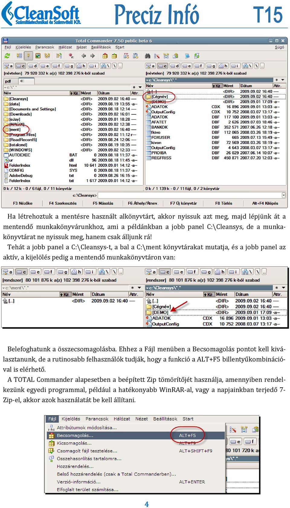 Tehát a jobb panel a C:\Cleansys t, a bal a C:\ment könyvtárakat mutatja, és a jobb panel az aktív, a kijelölés pedig a mentendő munkakönyvtáron van: Belefoghatunk a összecsomagolásba.