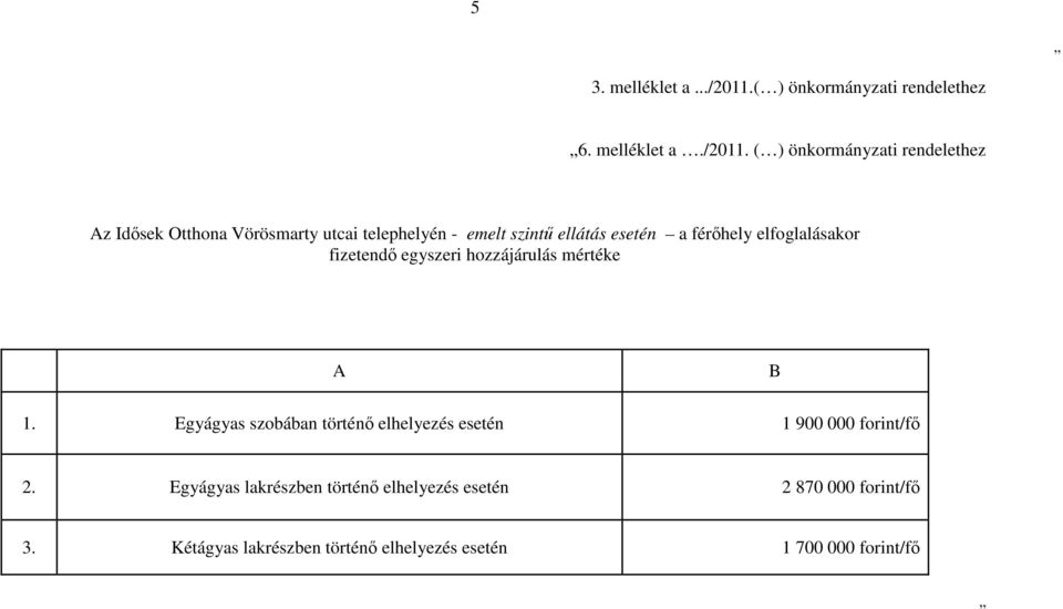 ( ) önkormányzati rendelethez Az Idősek Otthona Vörösmarty utcai telephelyén - emelt szintű ellátás esetén a