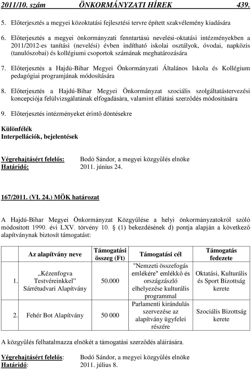 csoportok számának meghatározására 7. Előterjesztés a Hajdú-Bihar Megyei Önkormányzati Általános Iskola és Kollégium pedagógiai programjának módosítására 8.