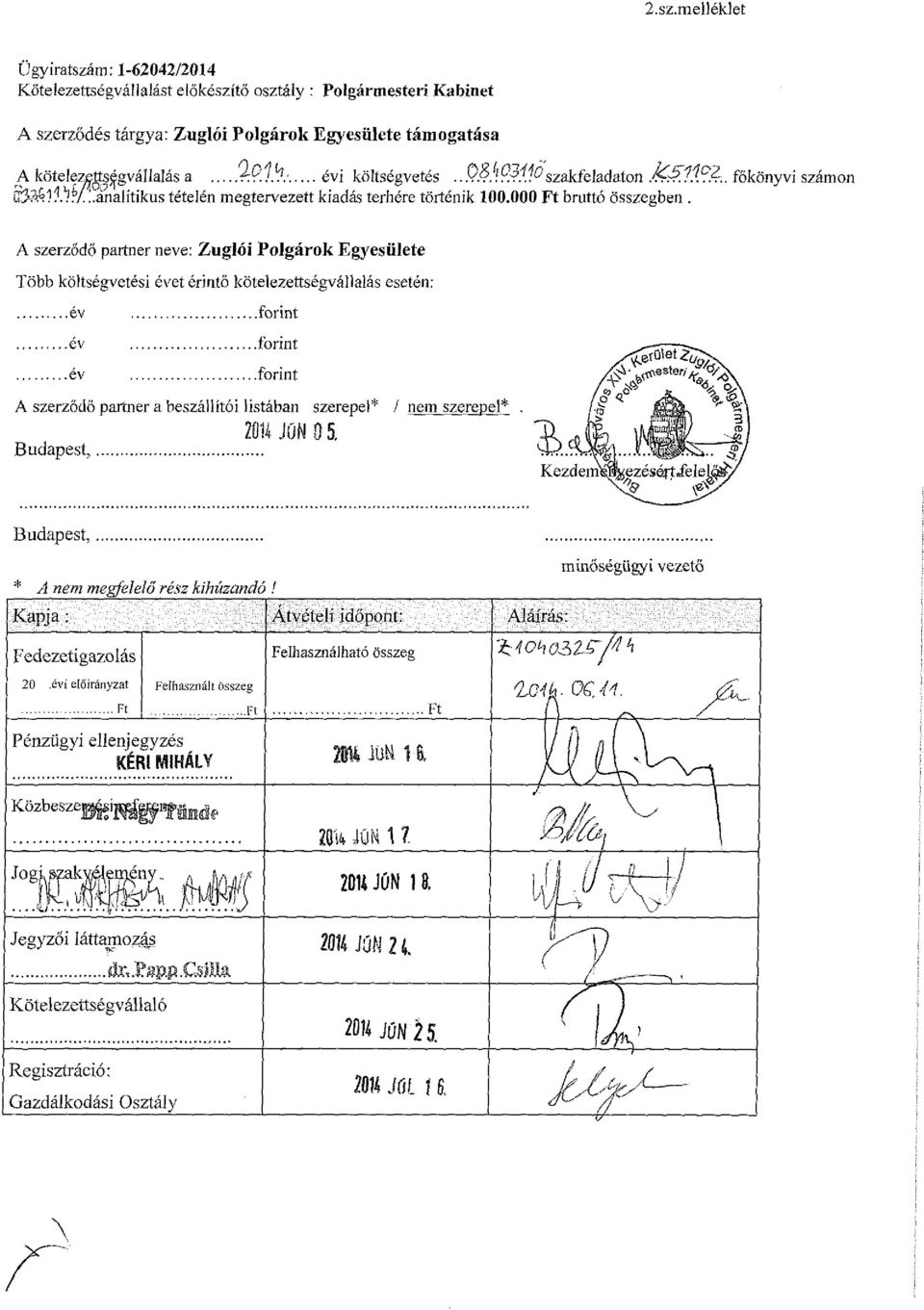 A szerződő partner neve: Zuglói Polgárok Egyesülete Több költségvetési évet érintő kötelezettségvállalás esetén: év év év forint forint forint A szerződő partner a beszállítói listában szerepel* /