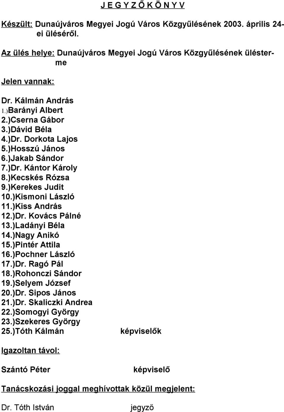 )Kiss András 12.)Dr. Kovács Pálné 13.)Ladányi Béla 14.)Nagy Anikó 15.)Pintér Attila 16.)Pochner László 17.)Dr. Ragó Pál 18.)Rohonczi Sándor 19.)Selyem József 20.)Dr. Sipos János 21.)Dr. Skaliczki Andrea 22.