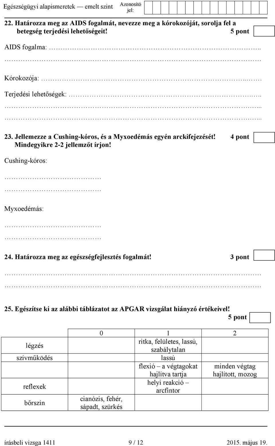 Határozza meg az egészségfejlesztés fogalmát! 3 pont 25. Egészítse ki az alábbi táblázatot az APGAR vizsgálat hiányzó értékeivel!