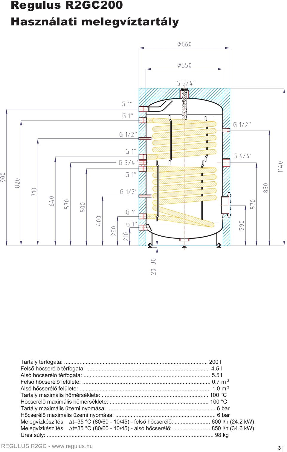 .. 100 C Hőcserélő maximális hőmérséklete:... 100 C Tartály maximális üzemi nyomása:... 6 bar Hőcserélő maximális üzemi nyomása:.