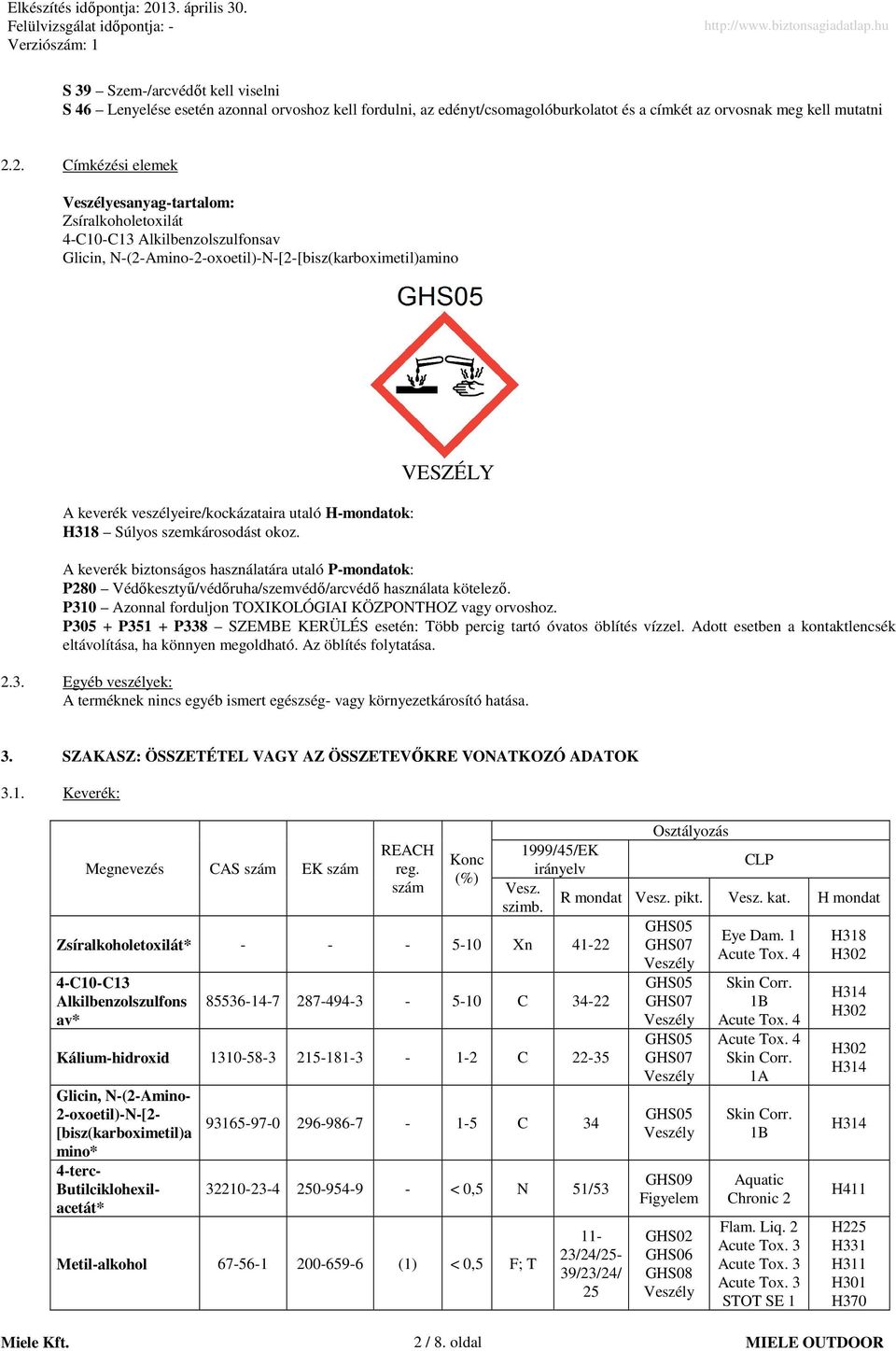 Súlyos szemkárosodást okoz. VESZÉLY A keverék biztonságos használatára utaló Pmondatok: P280 Védőkesztyű/védőruha/szemvédő/arcvédő használata kötelező.