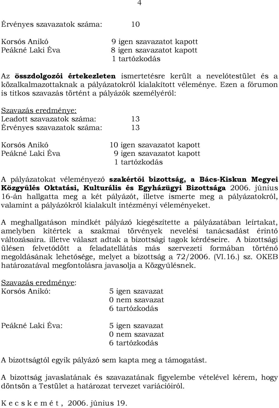 Ezen a fórumon is titkos szavazás történt a pályázók személyéről: Szavazás eredménye: Leadott szavazatok száma: 13 Érvényes szavazatok száma: 13 Korsós Anikó 10 igen szavazatot kapott Peákné Laki Éva