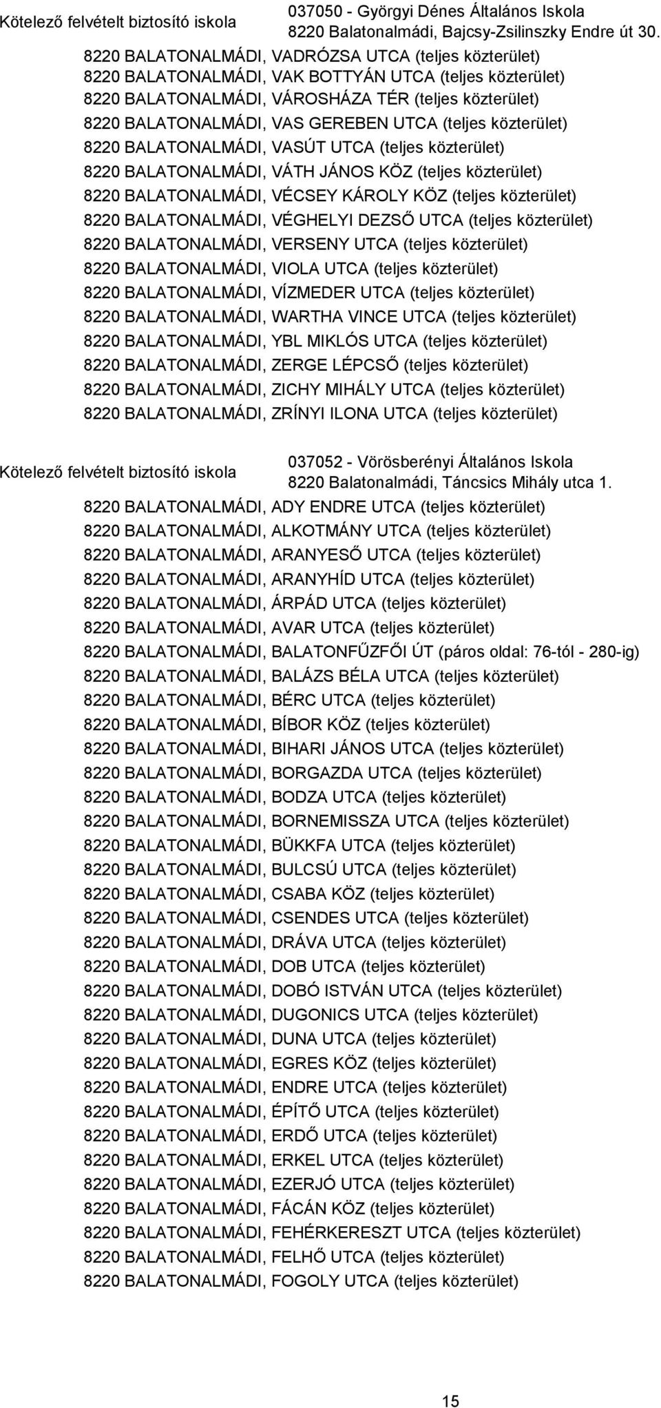 UTCA (teljes közterület) 8220 BALATONALMÁDI, VASÚT UTCA (teljes közterület) 8220 BALATONALMÁDI, VÁTH JÁNOS KÖZ (teljes közterület) 8220 BALATONALMÁDI, VÉCSEY KÁROLY KÖZ (teljes közterület) 8220