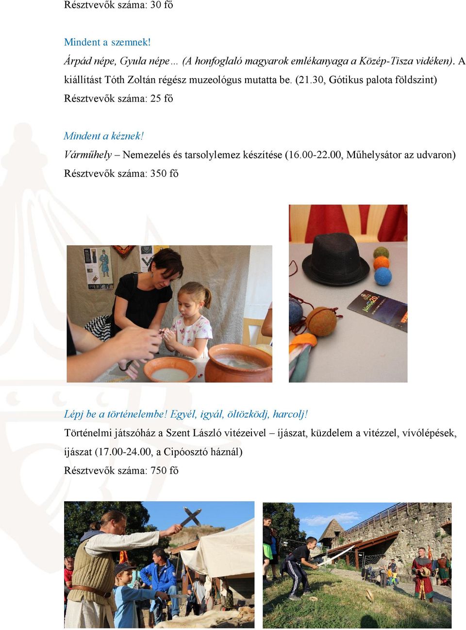 Várműhely Nemezelés és tarsolylemez készítése (16.00-22.00, Műhelysátor az udvaron) Résztvevők száma: 350 fő Lépj be a történelembe!