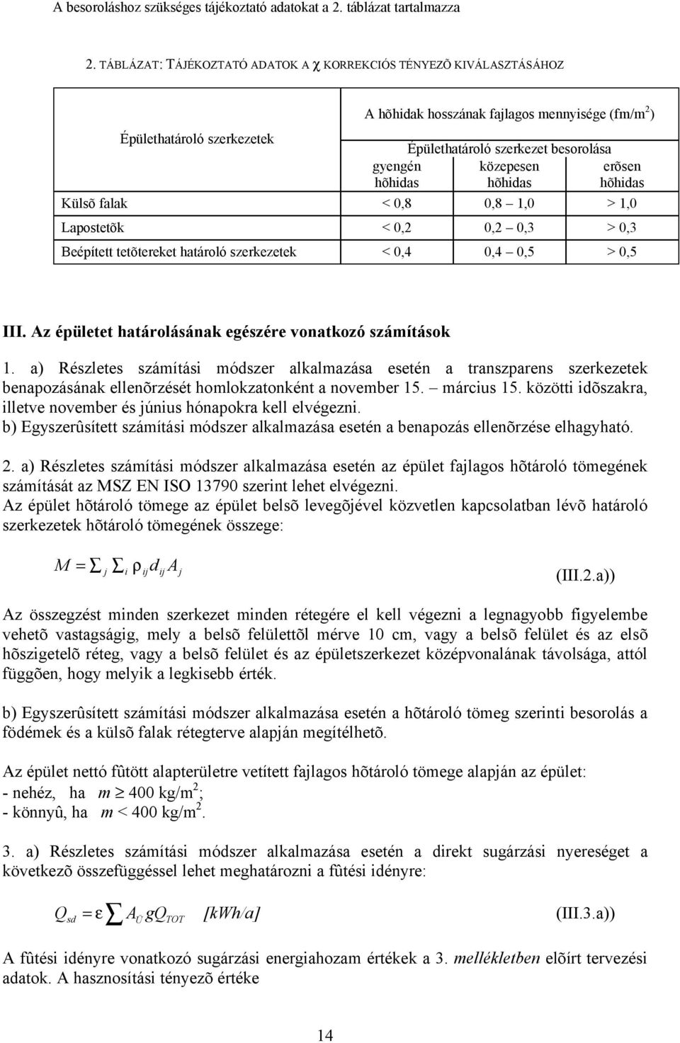 közepesen hõhidas erõsen hõhidas Külsõ falak < 0,8 0,8 1,0 > 1,0 Lapostetõk < 0,2 0,2 0,3 > 0,3 Beépített tetõtereket határoló szerkezetek < 0,4 0,4 0,5 > 0,5 III.