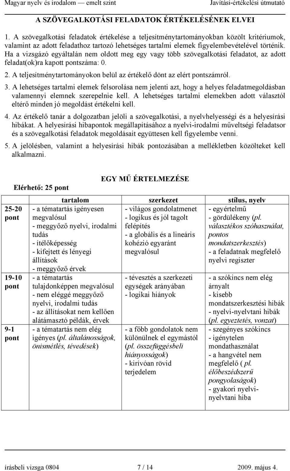 Ha a vizsgázó egyáltalán nem oldott meg egy vagy több szövegalkotási feladatot, az adott feladat(ok)ra kapott száma: 0. 2. A teljesítménytartományokon belül az értékelő dönt az elért számról. 3.