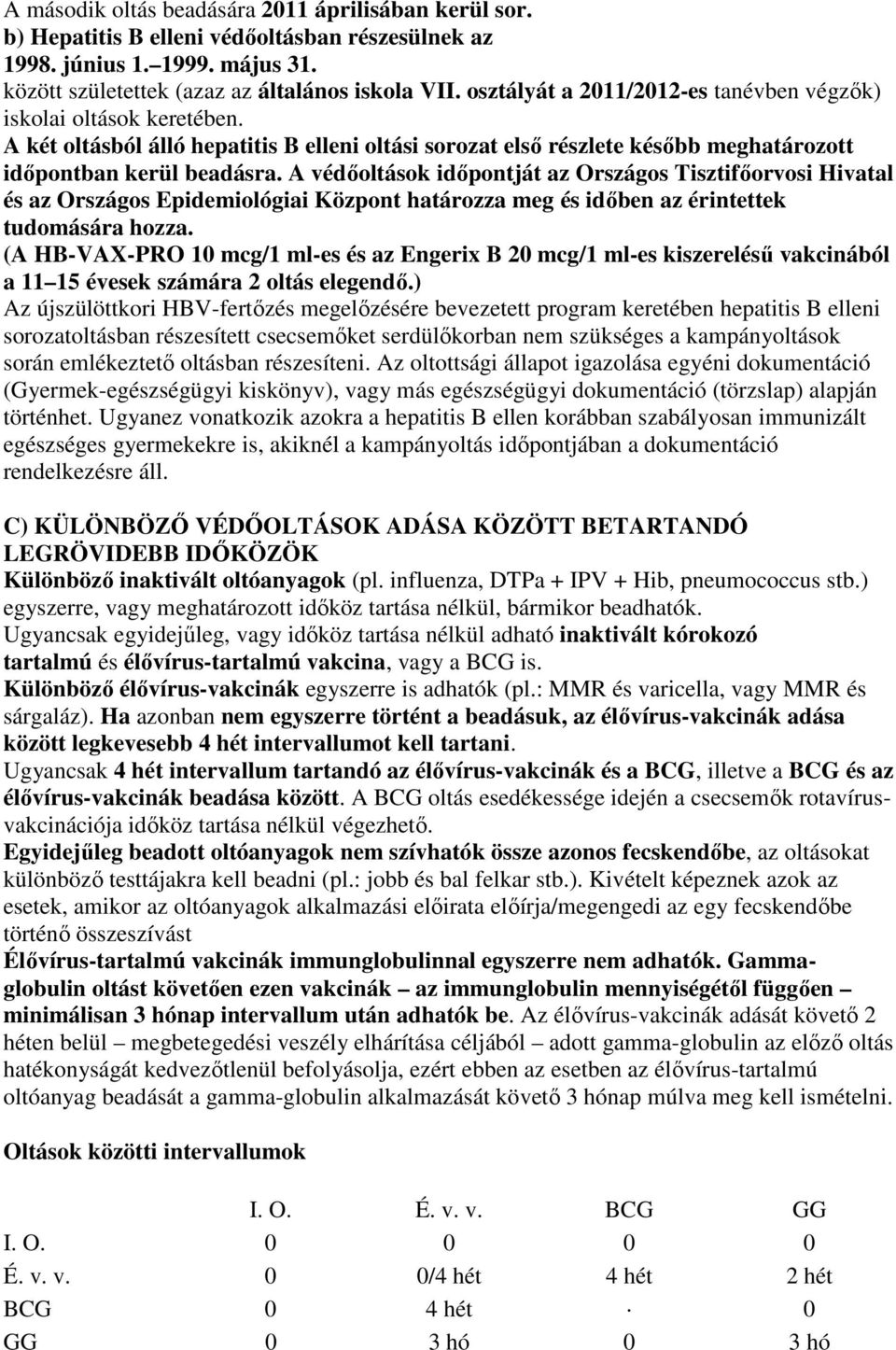 A védıoltások idıpontját az Országos Tisztifıorvosi Hivatal és az Országos Epidemiológiai Központ határozza meg és idıben az érintettek tudomására hozza.