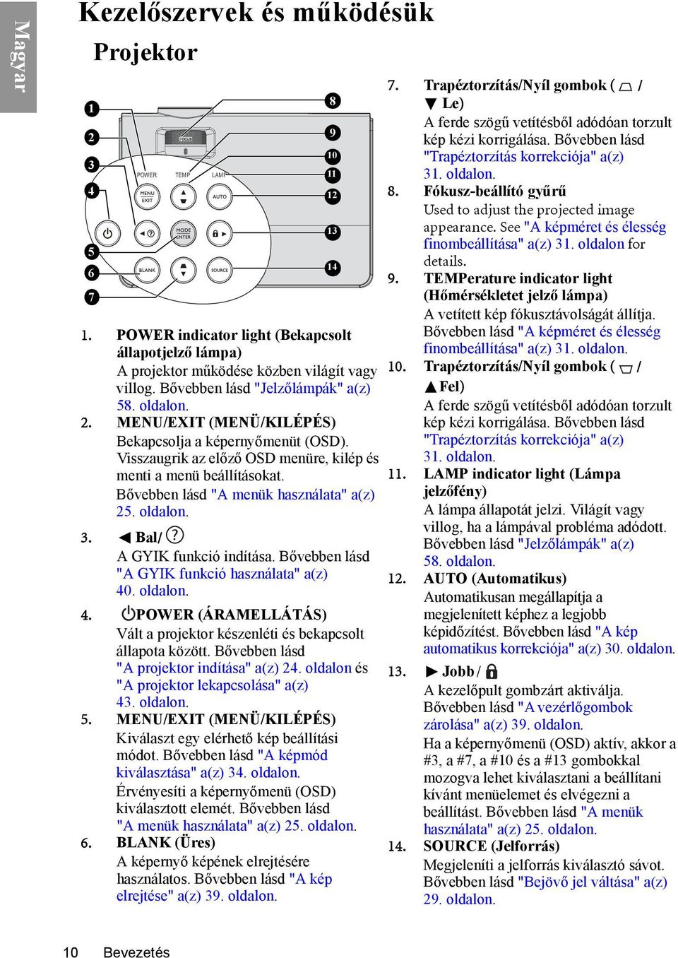 Bővebben lásd "A menük használata" a(z) 25. oldalon. 3. Bal/ A GYIK funkció indítása. Bővebben lásd "A GYIK funkció használata" a(z) 40