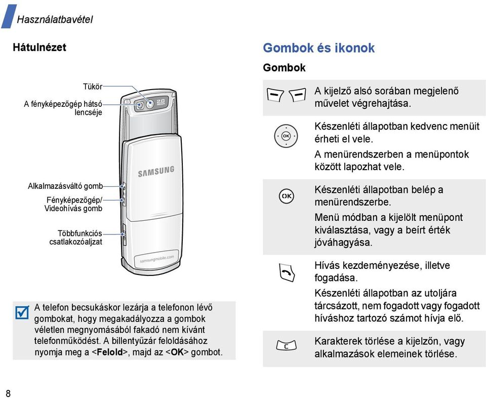 Gombok és ikonok Gombok A kijelző alsó sorában megjelenő művelet végrehajtása. Készenléti állapotban kedvenc menüit érheti el vele. A menürendszerben a menüpontok között lapozhat vele.