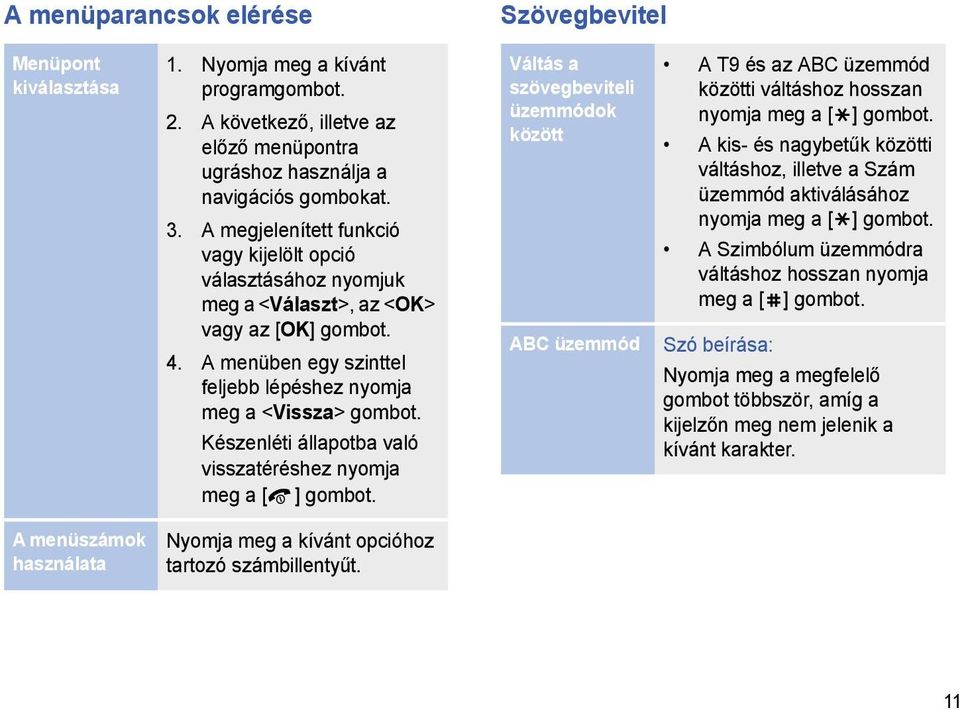 Készenléti állapotba való visszatéréshez nyomja meg a [ ] gombot. Váltás a szövegbeviteli üzemmódok között ABC üzemmód A T9 és az ABC üzemmód közötti váltáshoz hosszan nyomja meg a [ ] gombot.