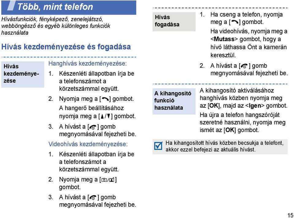 Videohívás kezdeményezése: 1. Készenléti állapotban írja be a telefonszámot a körzetszámmal együtt. 2. Nyomja meg a [ ] gombot. 3. A hívást a [ ] gomb megnyomásával fejezheti be.
