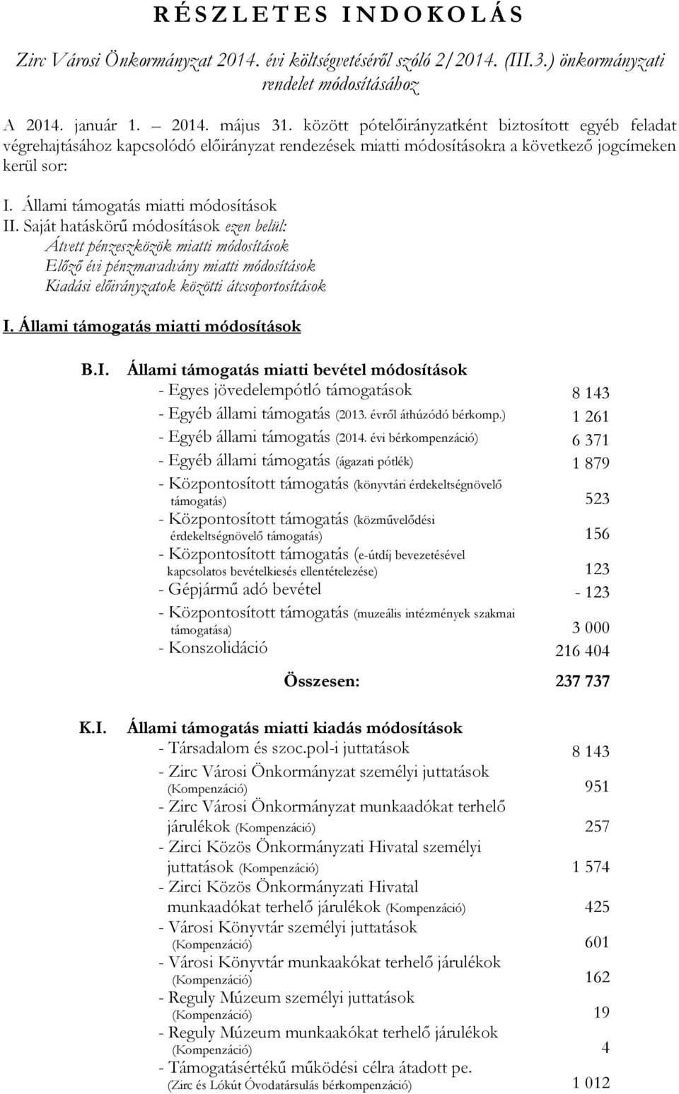 Saját hatáskörű módosítások ezen belül: Átvett pénzeszközök miatti módosítások Előző évi pénzmaradvány miatti módosítások Kiadási ok közötti átcsoportosítások I. Állami támogatás miatti módosítások B.