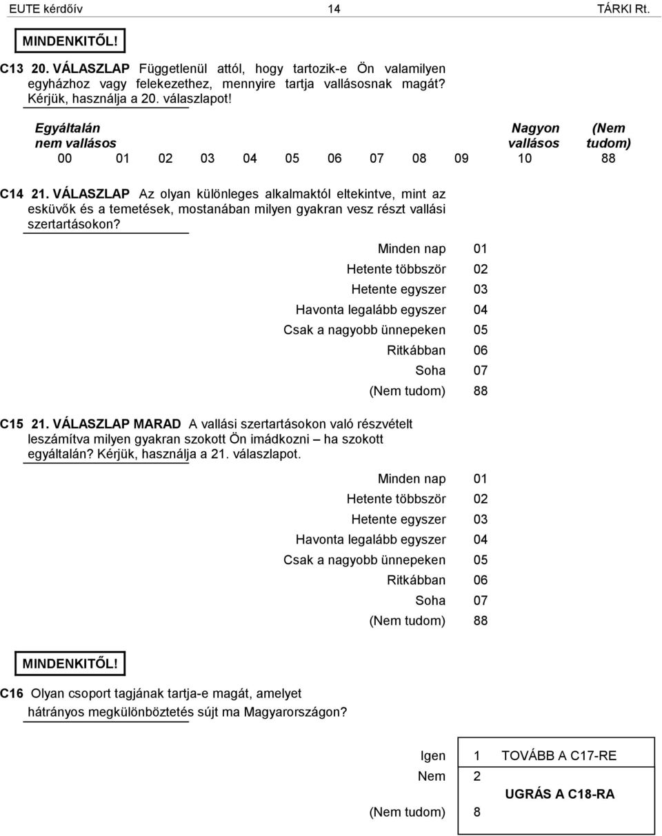 Minden nap 01 Hetente többször 02 Hetente egyszer 03 Havonta legalább egyszer 04 Csak a nagyobb ünnepeken 05 C15 21.