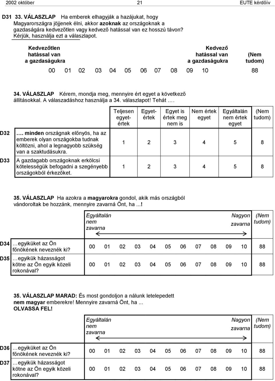 Kérjük, használja ezt a válaszlapot. Kedvezőtlen Kedvező hatással van hatással van a gazdaságukra a gazdaságukra 34. VÁLASZLAP Kérem, mondja meg, mennyire ért egyet a következő állításokkal.