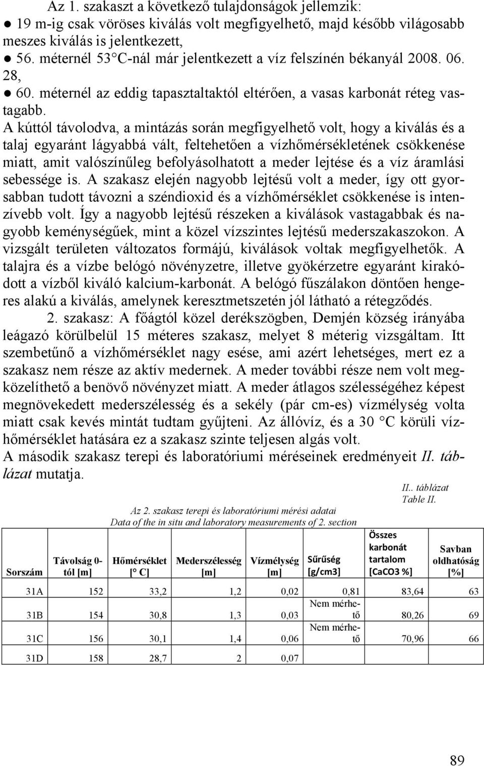 A kúttól távolodva, a mintázás során megfigyelhető volt, hogy a kiválás és a talaj egyaránt lágyabbá vált, feltehetően a vízhőmérsékletének csökkenése miatt, amit valószínűleg befolyásolhatott a
