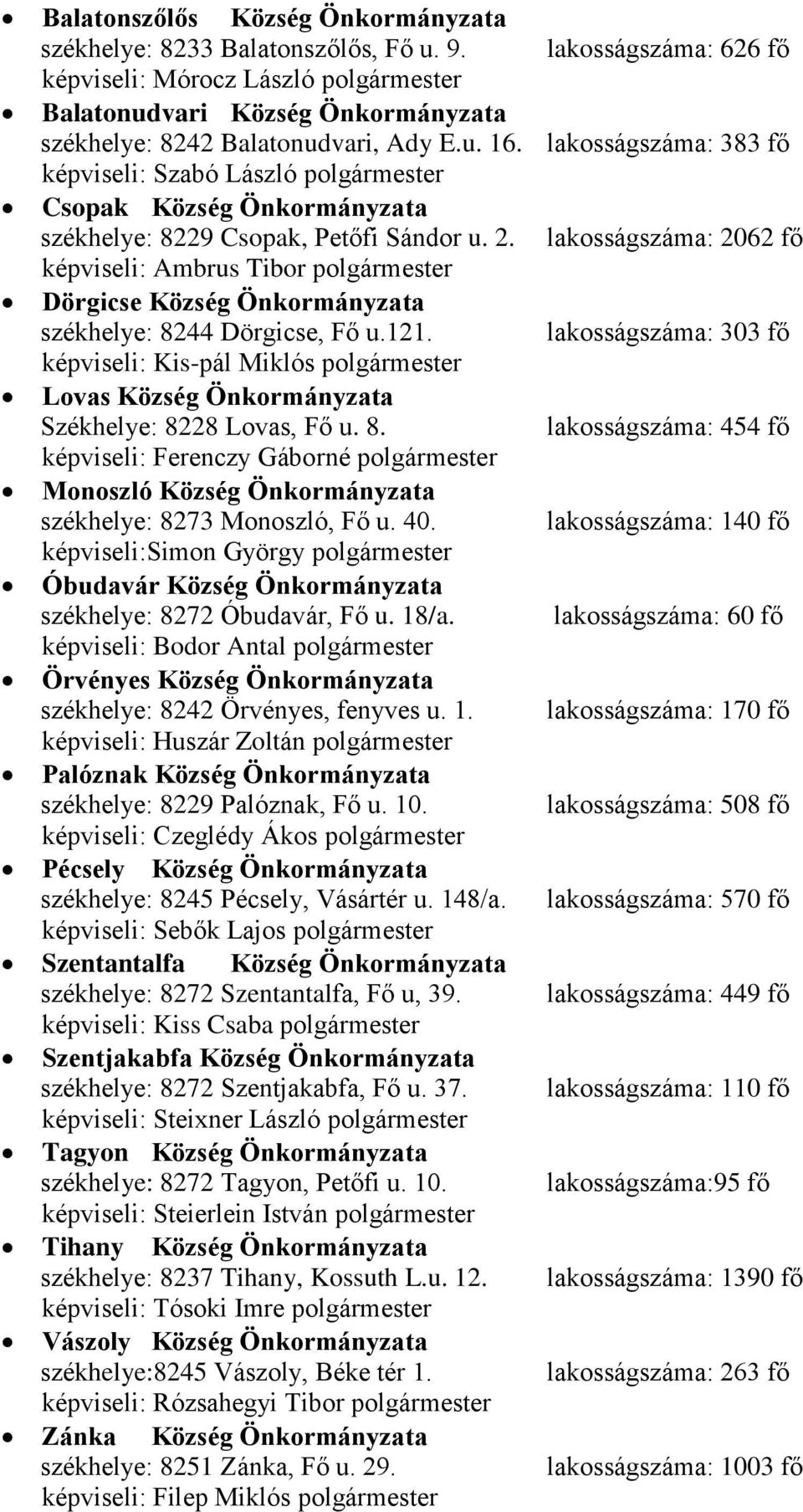 lakosságszáma: 2062 fő képviseli: Ambrus Tibor Dörgicse Község Önkormányzata székhelye: 8244 Dörgicse, Fő u.121.