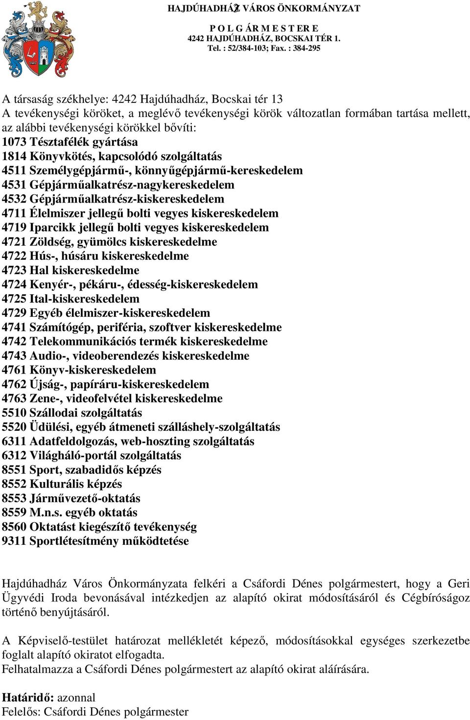 Gépjárműalkatrész-kiskereskedelem 4711 Élelmiszer jellegű bolti vegyes kiskereskedelem 4719 Iparcikk jellegű bolti vegyes kiskereskedelem 4721 Zöldség, gyümölcs kiskereskedelme 4722 Hús-, húsáru