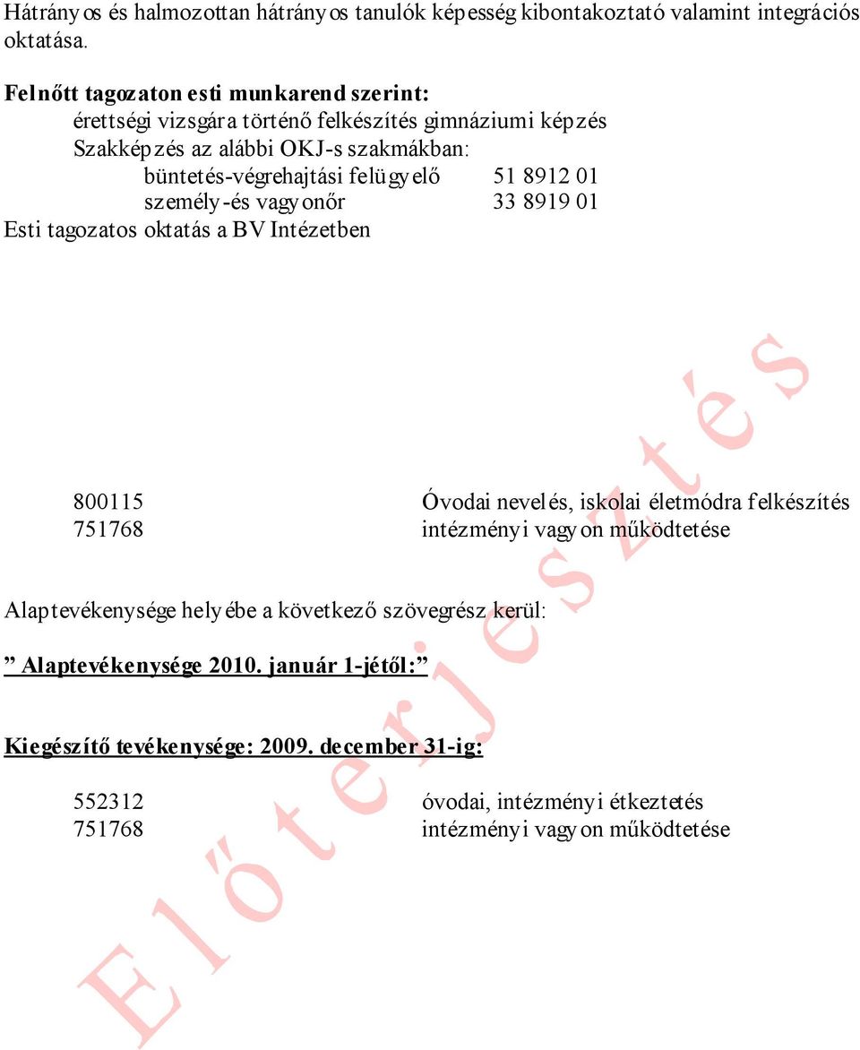 felügyelő 51 8912 01 személy-és vagyonőr 33 8919 01 Esti tagozatos oktatás a BV Intézetben 800115 Óvodai nevelés, iskolai életmódra felkészítés 751768 intézményi
