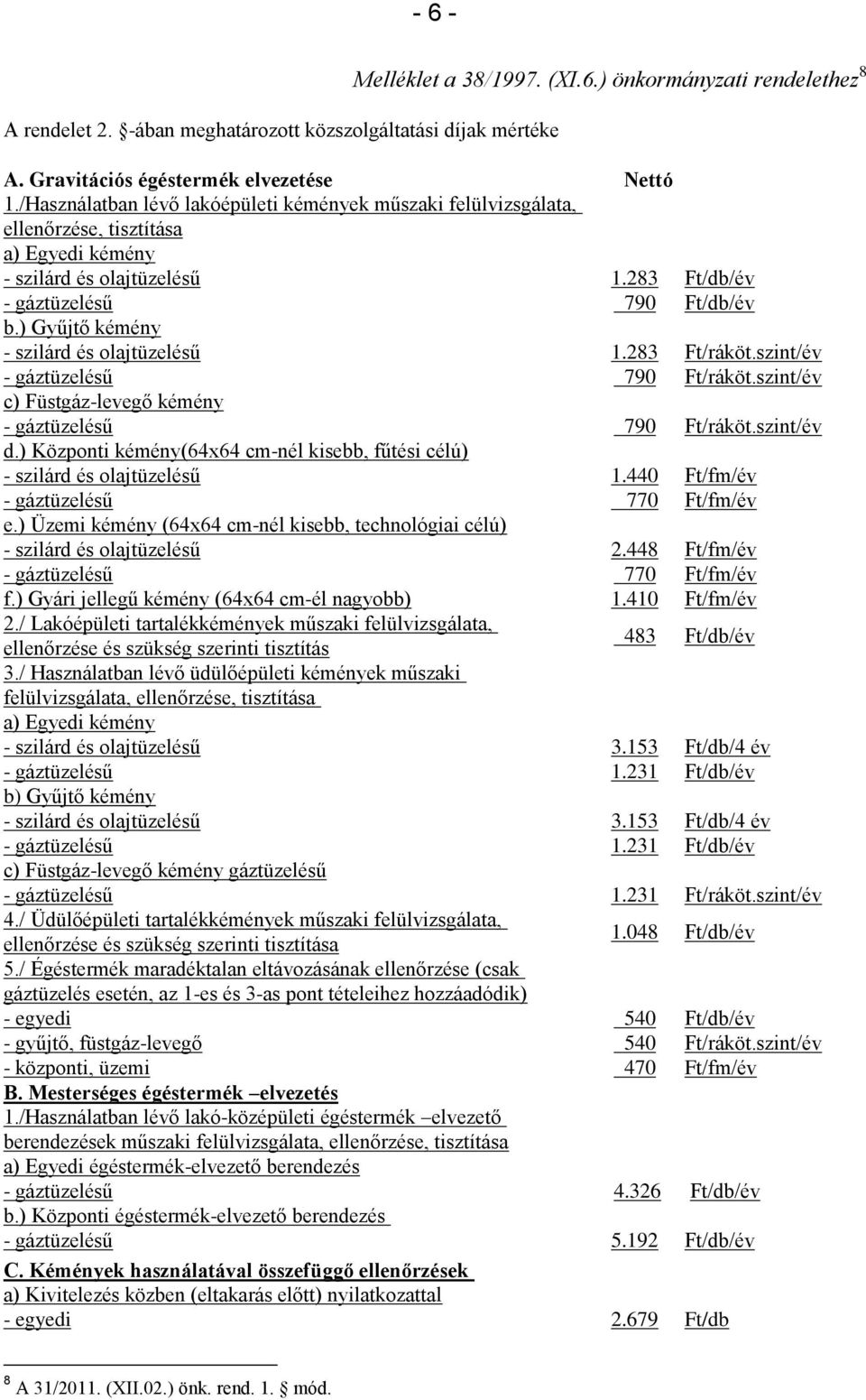 ) Gyűjtő kémény - szilárd és olajtüzelésű 1.283 Ft/ráköt.szint/év - gáztüzelésű 790 Ft/ráköt.szint/év c) Füstgáz-levegő kémény - gáztüzelésű 790 Ft/ráköt.szint/év d.